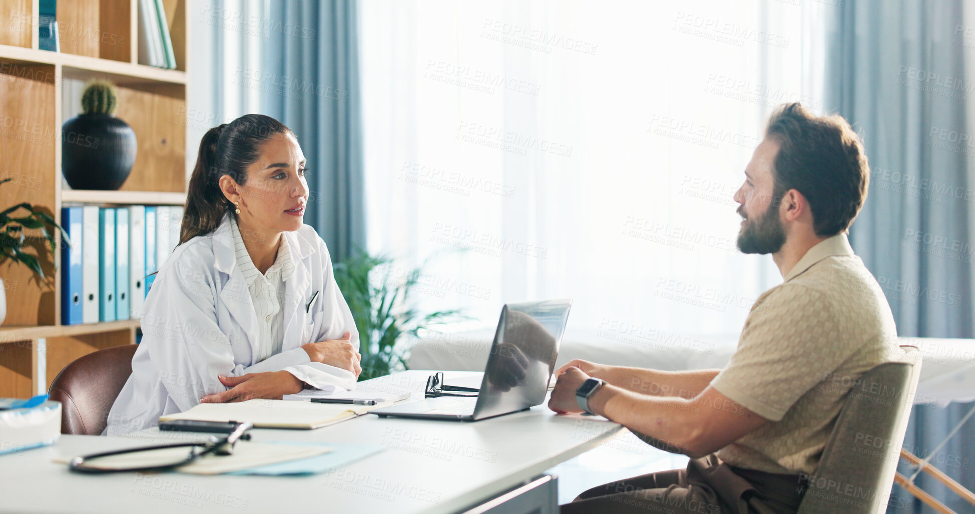Buy stock photo Doctor, patient and talking in office for consultation, healthcare and medical help at clinic. Woman, man and listening for diagnosis, advice or feedback with wellness professional at hospital