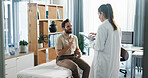 Doctor, patient and consulting with tablet for healthcare checkup, visit or clinic appointment. Man, woman or medical worker with technology for examination, health results or diagnosis at hospital