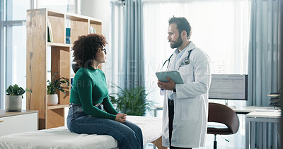 Buy stock photo Doctor, tablet and consultation with patient for clinic checkup, health advice or diagnosis. Man, woman or medical worker with help or technology for results, examination or prescription at hospital
