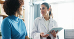 Tablet, checkup and woman with doctor in hospital for healthcare records with treatment plan. Digital technology, consultation and medical worker with patient for research on diagnosis in clinic.