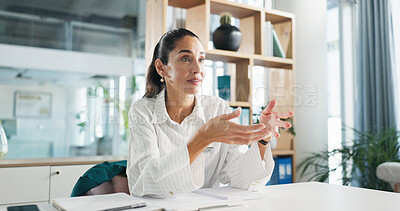 Buy stock photo Woman, doctor and explain for consultation at hospital for healthcare, medical report and advice. Female person, talking and feedback for diagnosis, checkup results and opinion on treatment procedure