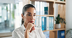 Thinking, woman and doctor with pen at hospital for problem solving, medical solution and insight. Person, healthcare and reflection with decision of planning treatment, vision and management ideas
