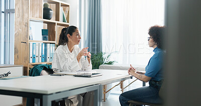 Buy stock photo Doctor, patient and advice in office for wellness, healthcare and medical help at fertility clinic. Woman, talking and listening for diagnosis, communication or feedback at gynecologist appointment