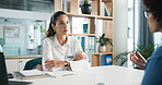 Woman, doctor and listening with patient for health advice, diagnosis or checkup at clinic office. Female person, medical worker or advisor with client for symptoms, healthcare treatment or procedure