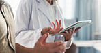 Patient, hands or doctor with tablet for consultation or health advice or explanation at clinic. Healthcare, medical worker and talking with technology or client for symptoms or diagnosis at hospital