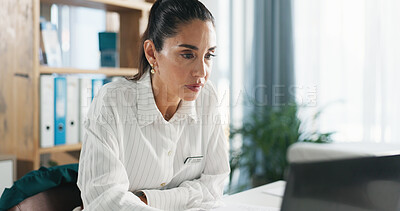 Buy stock photo Laptop, doctor and woman in office, thinking and healthcare with online reading, diagnosis and email. Mature person, medical service or professional in clinic, tech and research for illness and cure