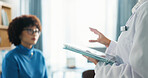 Woman, doctor and tablet with consultation for healthcare results, checkup or examination at clinic. Female person, medical worker and talking with patient on technology for diagnosis at appointment