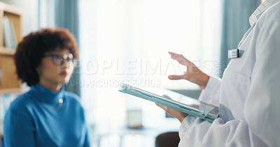 Buy stock photo Woman, doctor and tablet with consultation for healthcare results, checkup or examination at clinic. Female person, medical worker and talking with patient on technology for diagnosis at appointment