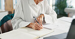 Woman, hands and doctor writing in book for prescription, medical history or reminder at office. Female person, healthcare worker or taking notes with diary for health record or diagnosis at clinic