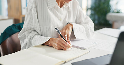 Buy stock photo Woman, hands and doctor writing in book for prescription, medical history or reminder at office. Female person, healthcare worker or taking notes with diary for health record or diagnosis at clinic