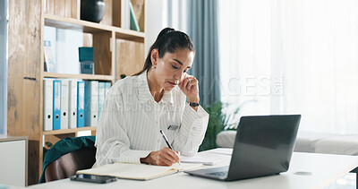 Buy stock photo Research, notes and healthcare consultant with laptop, medical schedule, report or administration. Woman, planning ideas and writing online assessment document in office with health insurance agent