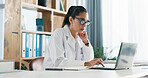 Research, woman and doctor with laptop in hospital for medical report or diagnostic information. Thinking, computer and female healthcare worker with brainstorming for treatment plan in clinic office