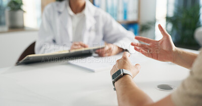 Buy stock photo Doctor, patient and consulting with hands at desk for diagnosis, help or healthcare at clinic visit. Client, talking and asking medical worker for health advice, results or prescription at hospital