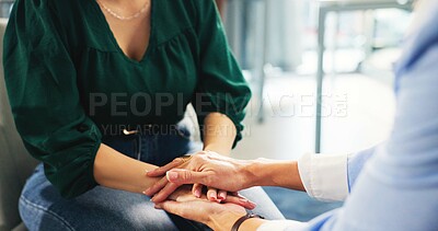 Buy stock photo Psychologist, patient and holding hands in therapy consultation for empathy, advice or psychology. Clinic, women and comfort in counseling for mental health support, compassion and trauma healing