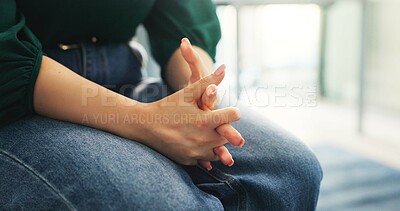 Buy stock photo Hands, woman and therapy with stress, anxiety or nervous for mental health, burnout and wellness. Female person, mistake and frustrated in psychology with depression, worry and advice in consultation