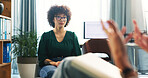 Hands, therapist and talk to person for counseling session, medical advice and assessment notes. Patient, listen and psychologist with guidance, evaluation chat and information for recovery treatment