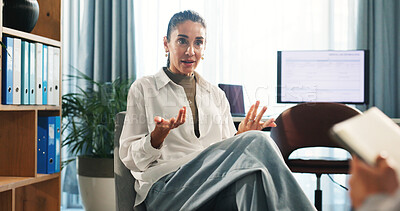 Buy stock photo Patient, woman and talk to therapist for counseling session, medical advice and assessment notes. Person, explain and consultation with psychologist, evaluation and information for recovery treatment