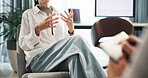 Hands, woman and therapist with stress, notes or nervous for mental health, recovery and wellness. Female person, patient and frustrated in psychology with depression, anxiety and advice consultation