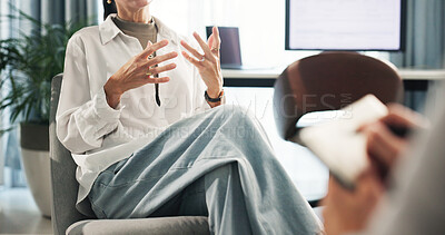 Buy stock photo Hands, woman and therapist with stress, notes or nervous for mental health, recovery and wellness. Female person, patient and frustrated in psychology with depression, anxiety and advice consultation