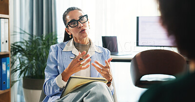 Buy stock photo Woman, therapist and talk to patient for counseling session, medical advice and assessment notes. Psychologist, explain and consultation with person, evaluation and information for recovery treatment