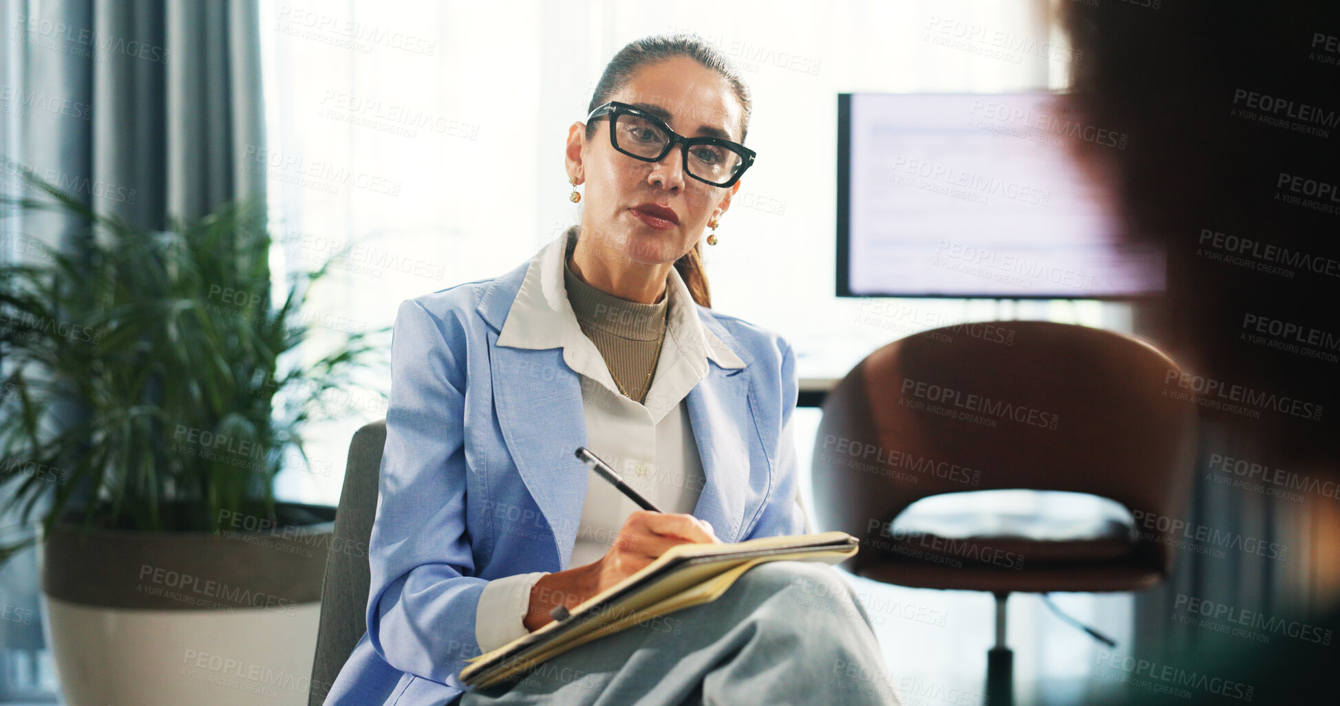 Buy stock photo Therapist, woman and listen with notes for mental health, discussion and recovery support for anxiety. Patient, psychologist writing and person for trauma, counseling and conversation in session