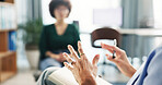 Hands, woman and therapist with consultation, notes or nervous for mental health, recovery and wellness. Female person, patient and frustrated in psychology with depression, anxiety and stress advice