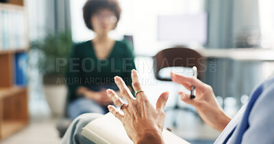 Buy stock photo Hands, woman and therapist with consultation, notes or nervous for mental health, recovery and wellness. Female person, patient and frustrated in psychology with depression, anxiety and stress advice