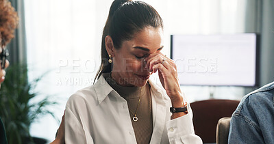Buy stock photo Woman, tears and support group with therapy in workplace for mental health, listen and empathy at office. Business people, discussion and circle for solidarity, counselling session and guidance
