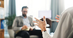 Hands, person and talk to therapist for counseling session, medical advice and assessment notes. Patient, explain and consultation with psychologist, evaluation and information on recovery treatment