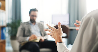 Buy stock photo Hands, person and talk to therapist for counseling session, medical advice and assessment notes. Patient, explain and consultation with psychologist, evaluation and information on recovery treatment