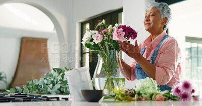 Buy stock photo Vase, flowers and senior woman with bouquet present, retirement and natural with bloom. Pensioner, apartment and elderly person with gift, plants and hobby with happiness, decorations and house