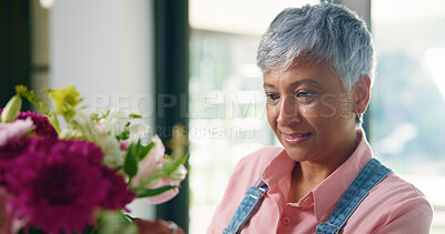 Buy stock photo Senior woman, bouquet and flowers at house for special occasion, aesthetic and natural bloom. Elderly person, arrangement and plant care with floral beauty, hospitality decoration and setup of resort