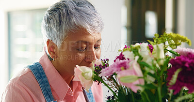 Buy stock photo Smell, house and senior woman with flowers, bouquet present and indoor decor. Pensioner, apartment and elderly person with gift, natural and relax with plants, retirement and hobby with floral aroma
