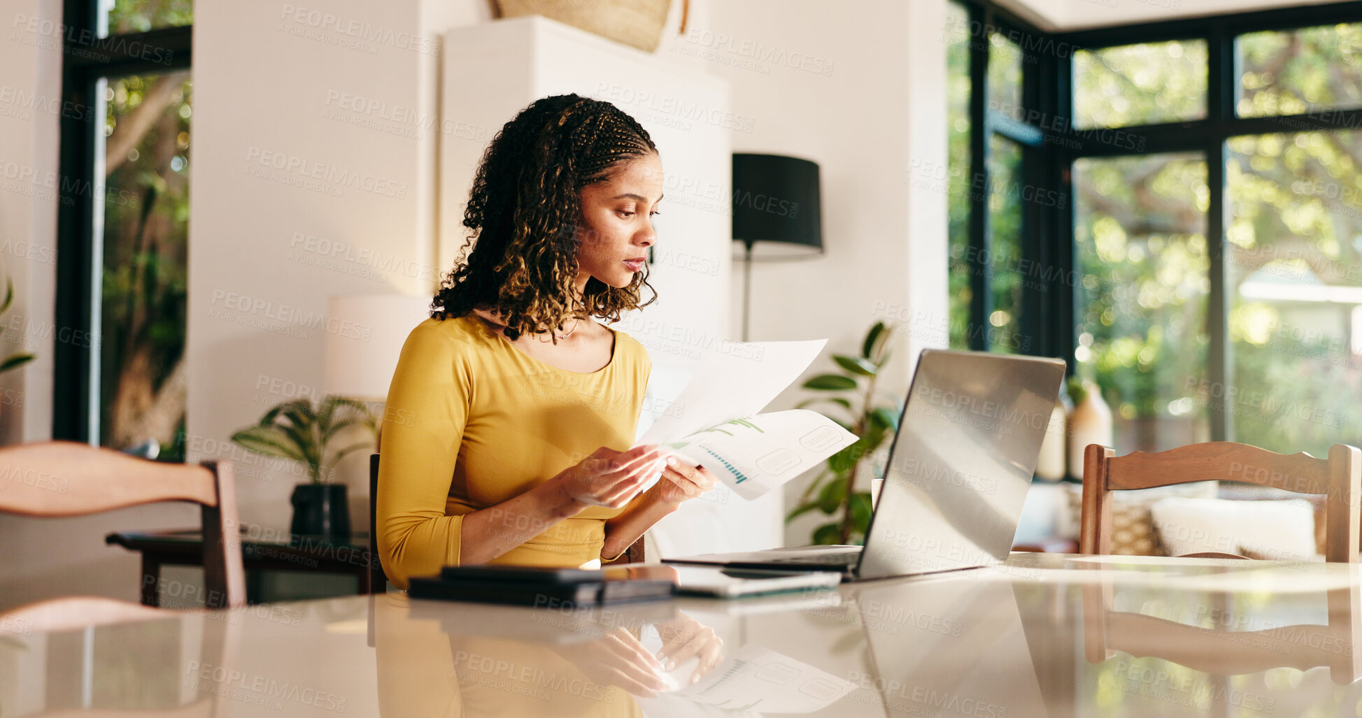 Buy stock photo Woman, finance and home with documents or laptop for budget planning, review or analysis. Female person, freelancer or remote work with paperwork, computer or financial report for statistics at house