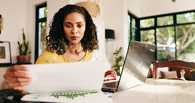 Buy stock photo Woman, finance and paperwork with laptop for budget planning, review or analysis at home. Female person, freelancer or remote worker with documents, computer or financial report for expenses or bills