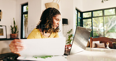 Buy stock photo Woman, laptop and checking finance with documents for budget planning, review or analysis at home. Female person, freelancer or remote worker with paperwork, computer or financial report for expenses