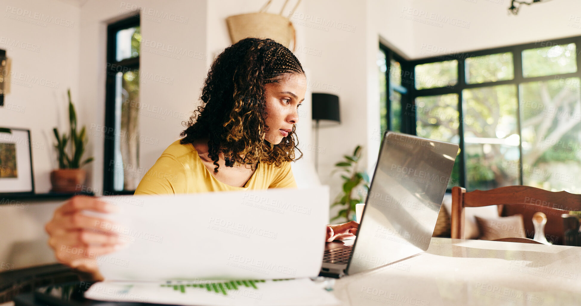 Buy stock photo Woman, laptop and checking finance with documents for budget planning, review or analysis at home. Female person, freelancer or remote worker with paperwork, computer or financial report for expenses