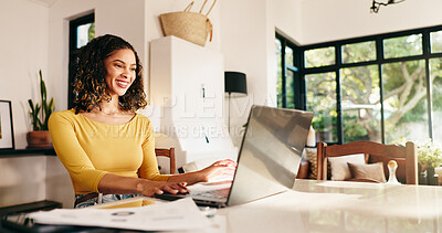 Buy stock photo Happy, laptop and woman in home with research for creative project with online remote work. Contact, freelancer and female copywriter on computer for email on publishing approval for article in house