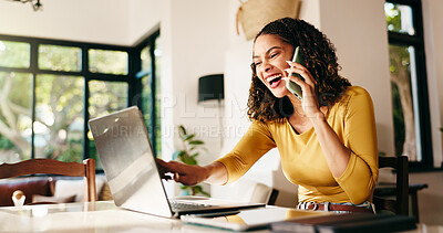 Buy stock photo Woman, laptop and happy with phone call for remote work from home with point, excited or proposal. Person, freelance writer and smartphone with contact, review or networking for funding deal at house