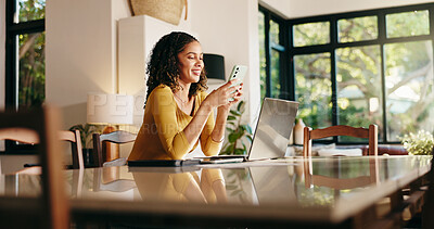 Buy stock photo Woman, texting and phone for remote work from home with mobile app, email or deal for booking. Person, virtual assistant and smartphone with contact for networking, smile and feedback at apartment