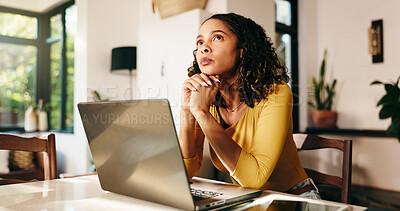 Buy stock photo Remote work from home, thinking and woman with laptop, creativity and copywriting with decision. Person, freelancer or journalist with pc, choice or contemplation with wonder, problem solving or idea