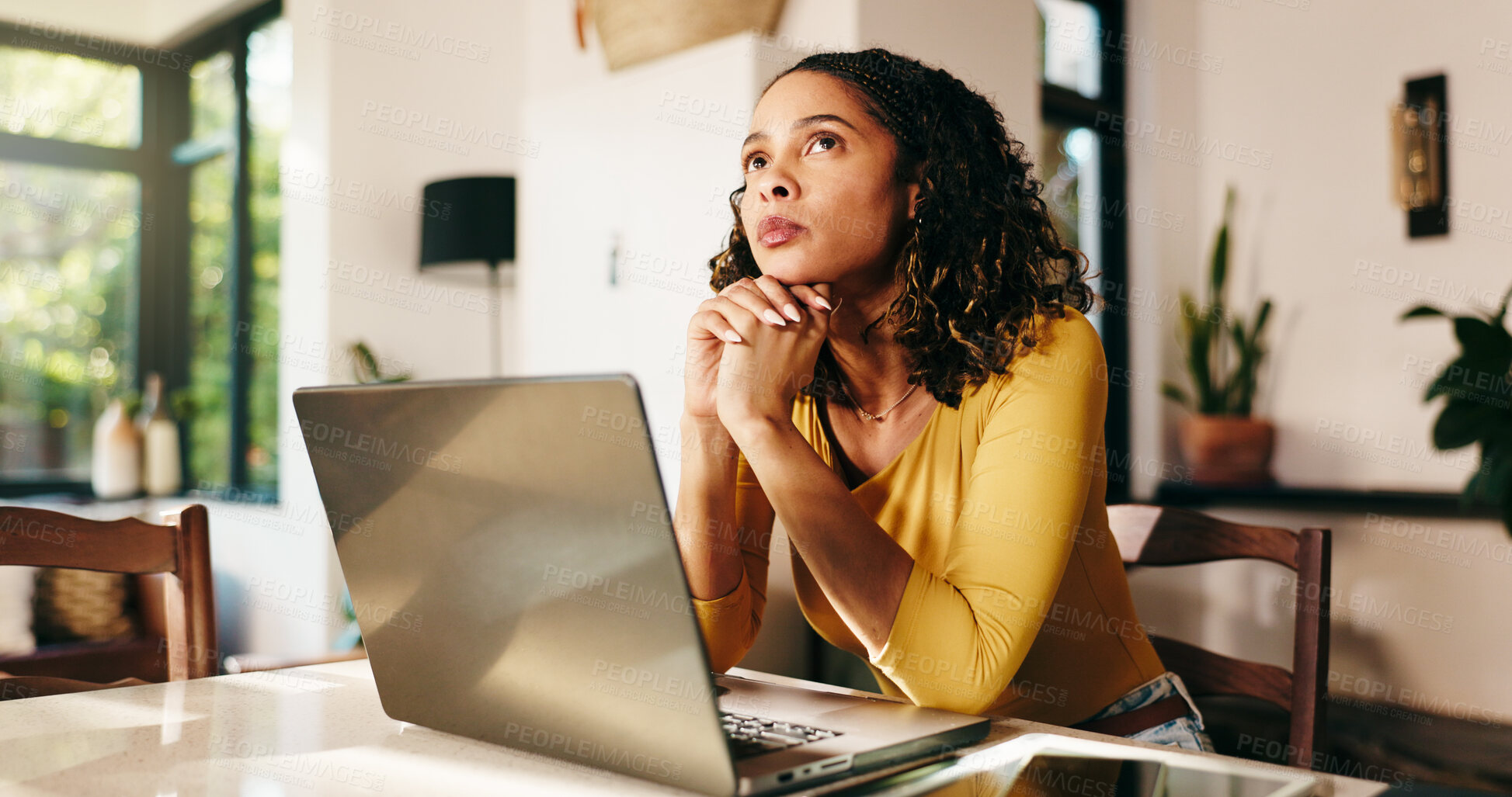 Buy stock photo Remote work from home, thinking and woman with laptop, creativity and copywriting with decision. Person, freelancer or journalist with pc, choice or contemplation with wonder, problem solving or idea