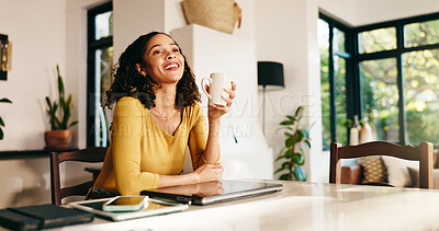 Buy stock photo Thinking, smile and woman with coffee in home office for break, inspiration and positive mindset. Freelancer, latte and happy person with vision, planning future and remember memory with reflection