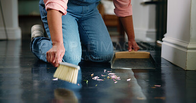 Buy stock photo Hands, broom and person with cleaning in home for dirt removal, housekeeping and pickup mess. Housework, cleaner and sweeping on floor to scoop rubbish, hygiene and household chores for maintenance