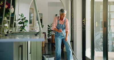 Buy stock photo Cleaning, floor and senior woman with mop for hygiene, housekeeping and maid service. Washing, sanitation and mature person with shine, detergents and liquid for bacteria disinfection or dust in home