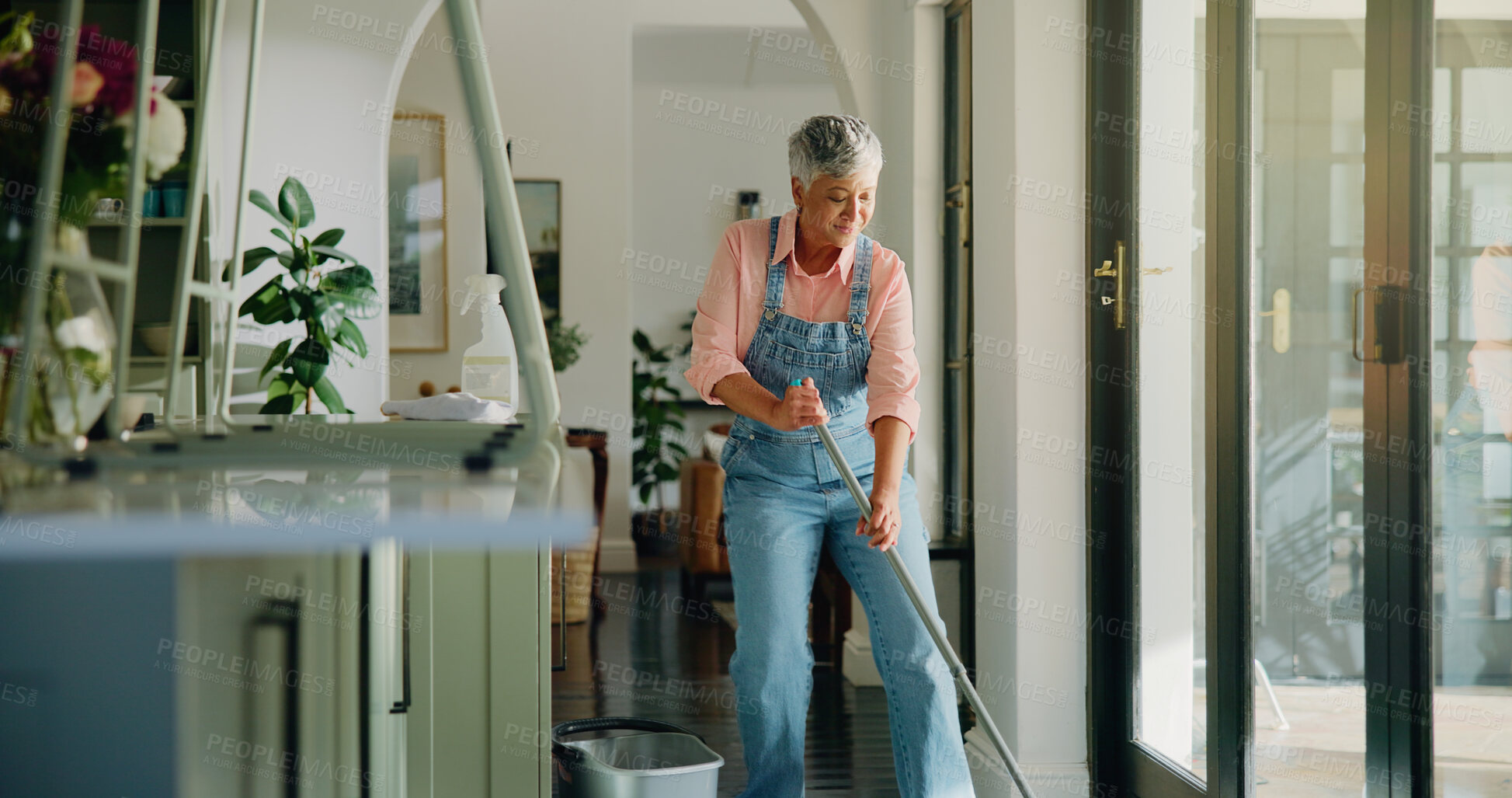 Buy stock photo Cleaning, floor and senior woman with mop for hygiene, housekeeping and maid service. Washing, sanitation and mature person with shine, detergents and liquid for bacteria disinfection or dust in home
