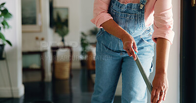Buy stock photo Hands, broom and woman with cleaning in home for dust removal, housekeeping and maintenance. Housework, cleaner and sweeping in house for dirt prevention, hygiene and domestic chores for cleanliness