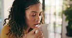 Woman, smell coffee and reflection in home with thinking, aroma and memory with beverage in morning. Person, tea cup and perspective with scent, hot drink and mug with nostalgia on break at apartment
