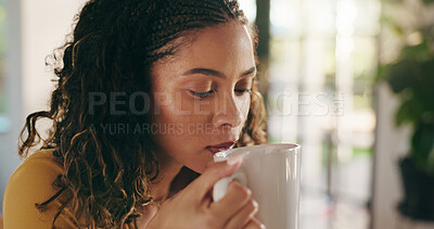 Buy stock photo Woman, smell coffee and reflection in home with thinking, aroma and memory with beverage in morning. Person, tea cup and perspective with scent, hot drink and mug with nostalgia on break at apartment