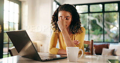 Buy stock photo Stress, woman and home with laptop or headache for fail, mistake or burnout at house. Female person, freelancer or journalist with eye strain or fatigue on computer for remote work or online deadline